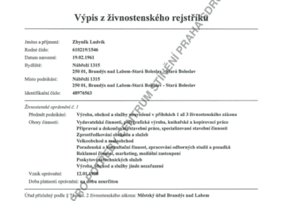 Výpis živnostenského rejstříku - Zbyněk Ludvík